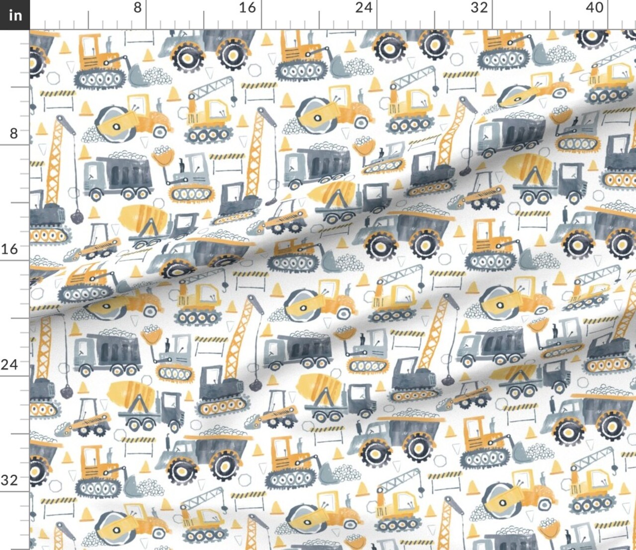 Various Fabrics by the Yard or Fat Quarter Nursery Construction Yellow Gray Trucks Kids Building Watercolor Bulldozer Excavator Custom Printed Fabric by Spoonflower